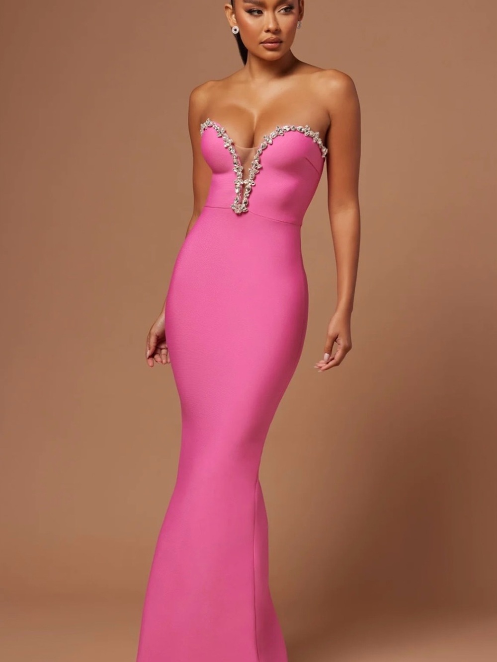 Fashion Nova Strapless Hot Pink Mermaid Gown with Embellished Plunge